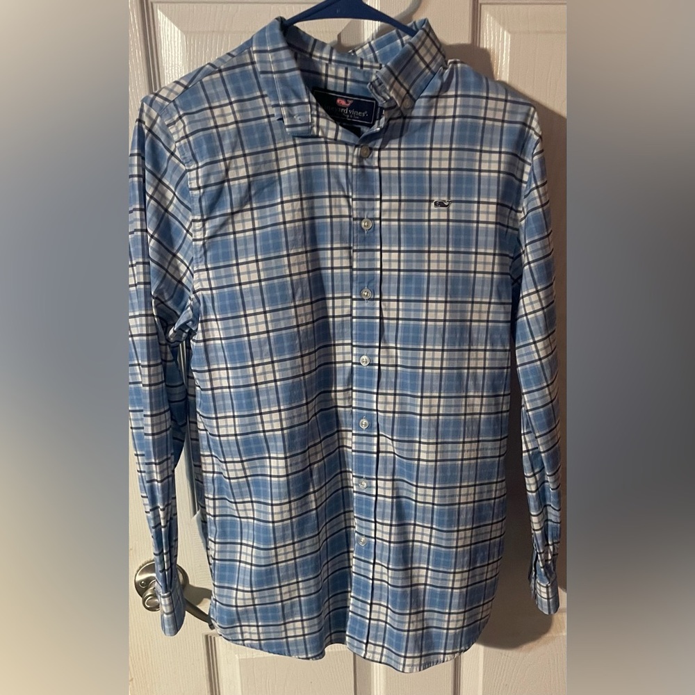 Vineyard Vines Boys Casual Blue and White Plaid Button Down Shirt! Size Large 16